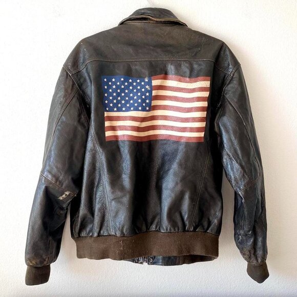 Wilson's Leather Vintage Brown American Flag Bomber Jacket Heavy Coat L - Picture 1 of 8